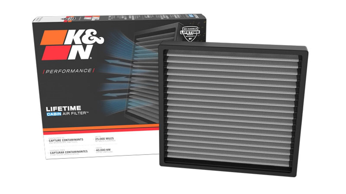 K&N front view of cabin filter showing shape and fit, improved airflow benefit