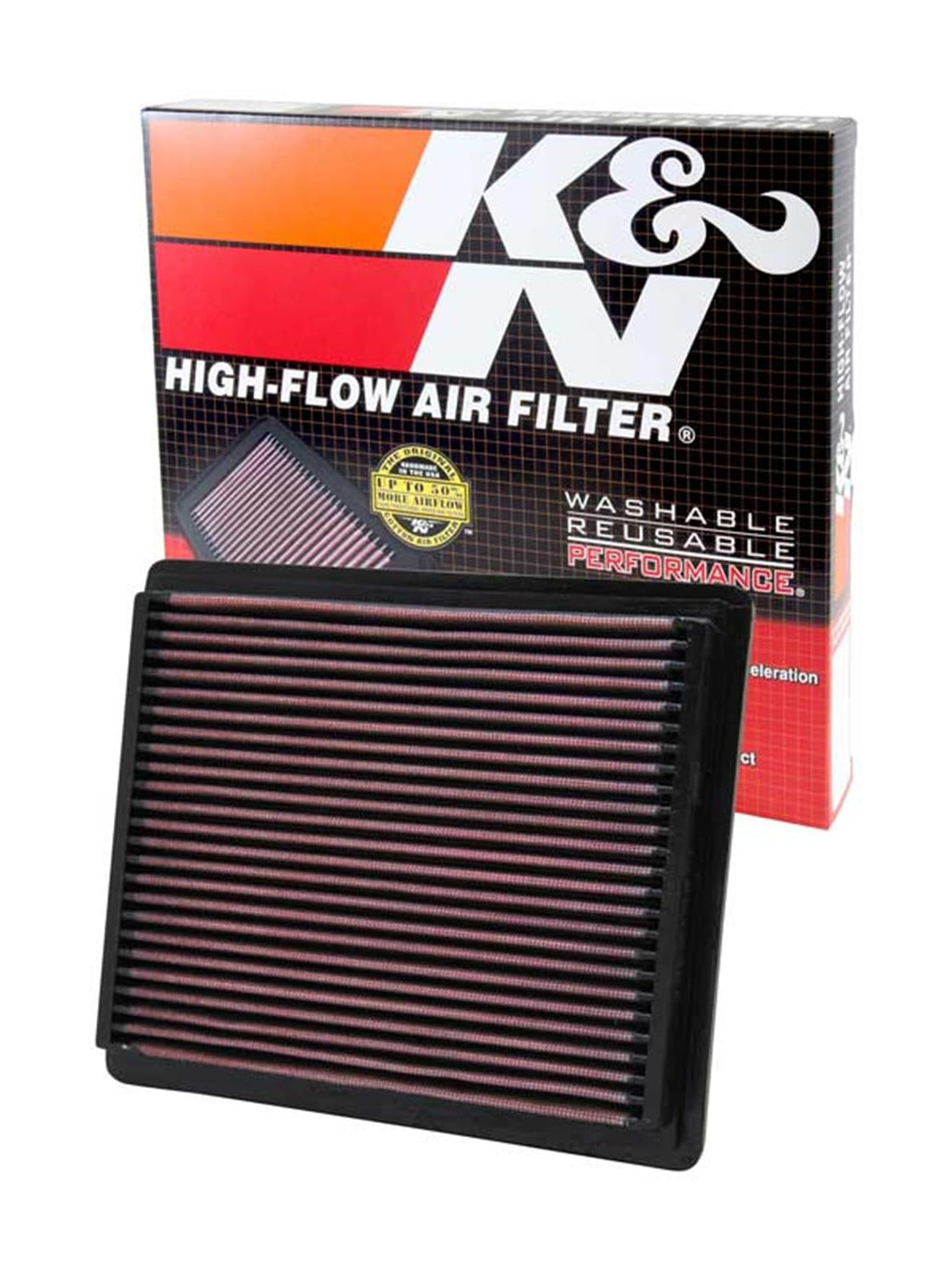 K&N front packaging view showing model 33-2106-1 and quick benefits