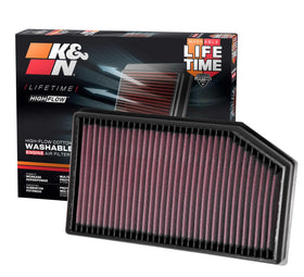 K&N filter front view showing part 33-5076 and ready-to-install benefit