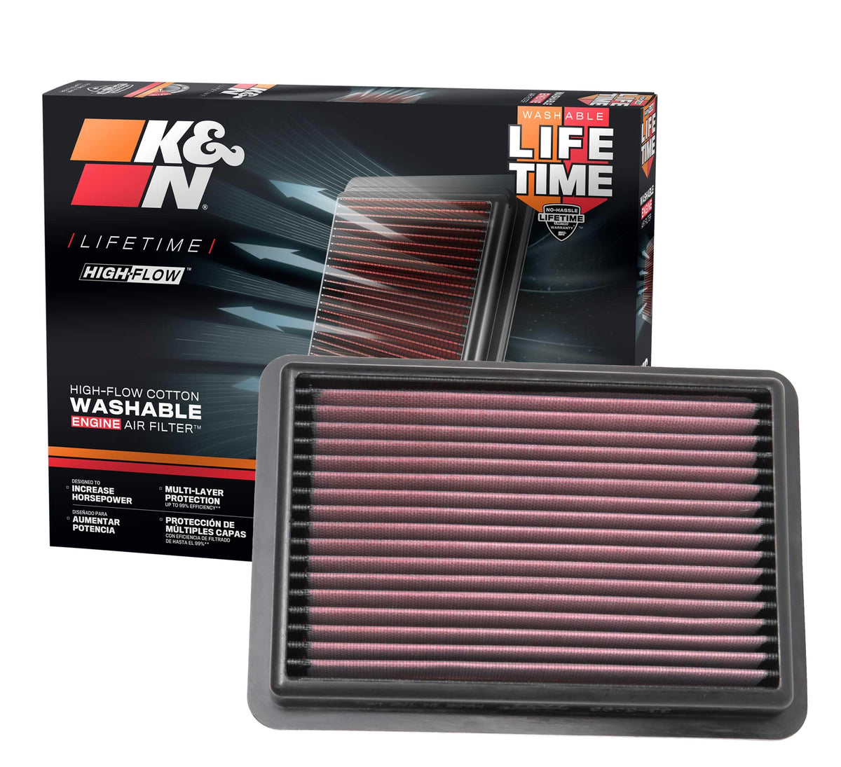 K&N front filter packaging showing part 33-5096 and fitment benefits