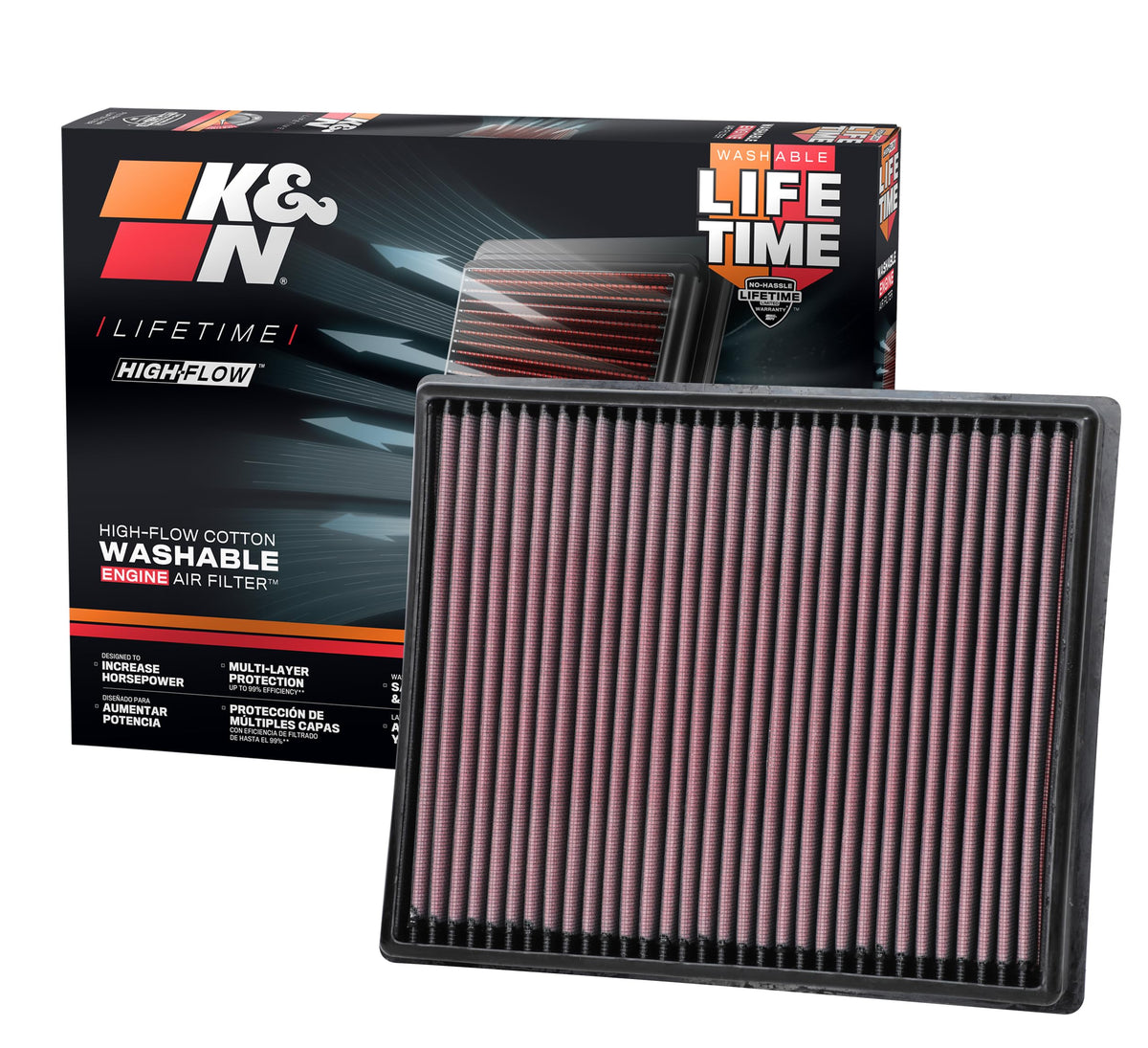 K&N front packaging view showing compatibility and quick install benefit
