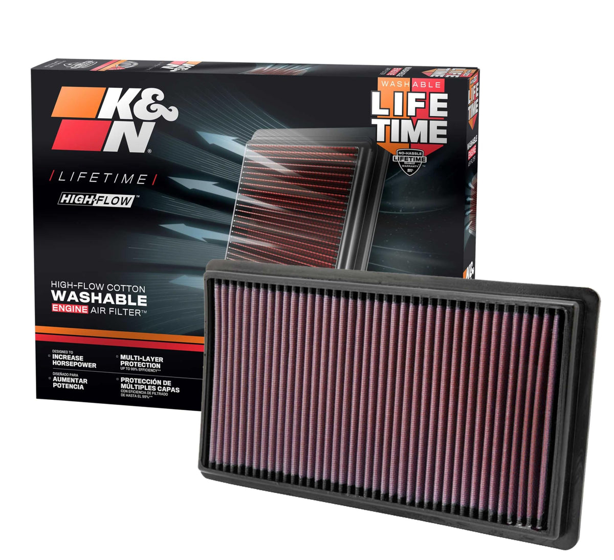 K&N high-flow filter front view showing fit and airflow benefit