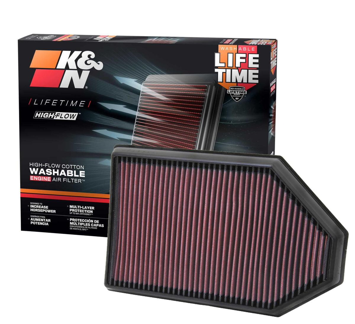 K&N front view of filter showing shape and fit for easy replacement and improved flow