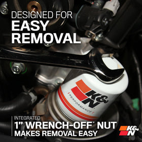 K&N welded 1-inch wrench-off nut detail for fast, easy filter removal benefit