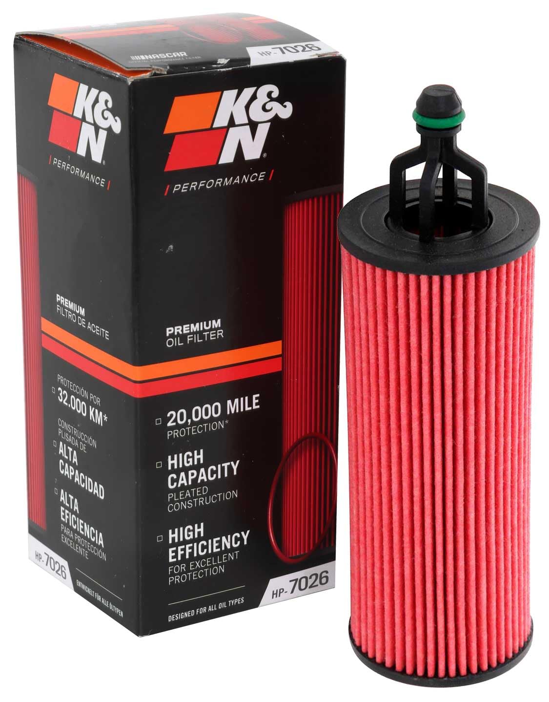 K&N HP-7026 front packaging showing product and compatibility benefits