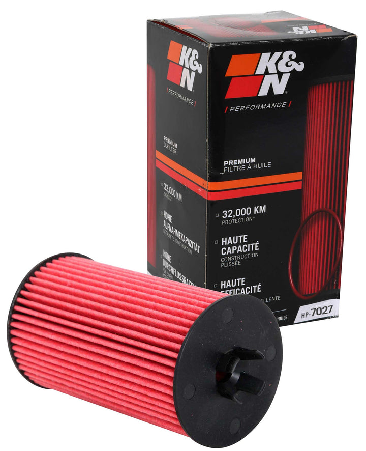 K&N oil filter front view showing durable canister and label benefit