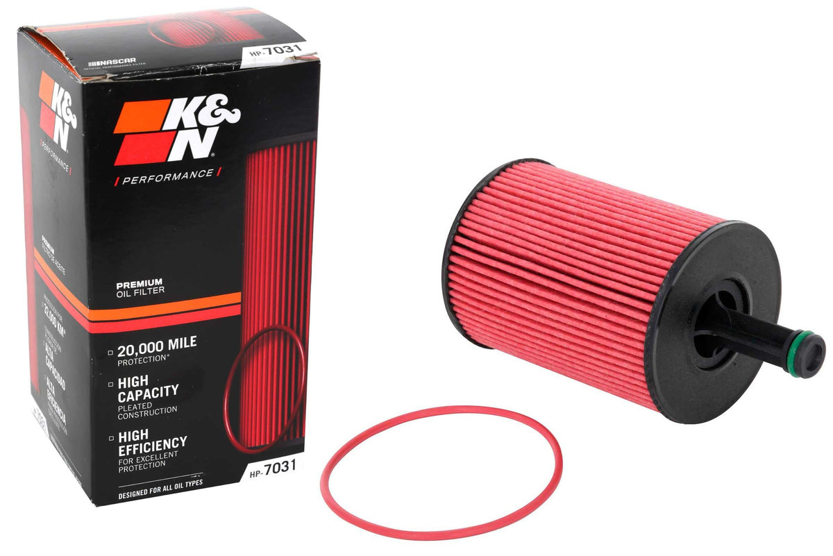 K&N HP-7031 front canister view showing durable housing and brand