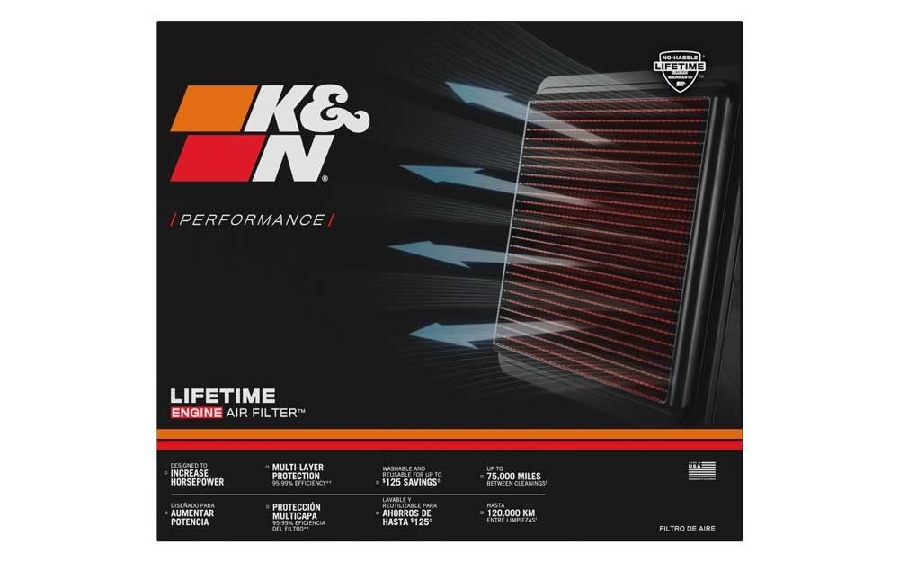 K&N filter installed in engine bay demonstrating direct-fit convenience