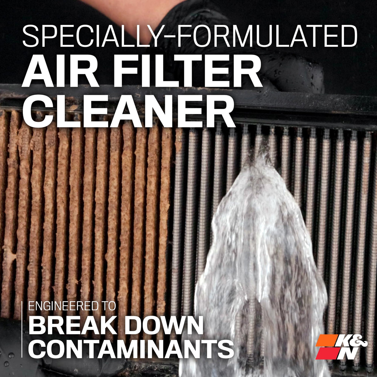 K&N being sprayed on a dirty air filter to dissolve oil and grime benefit