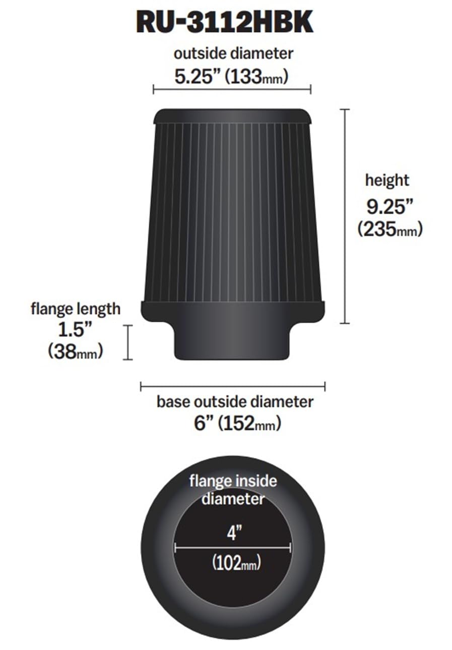 K&N RU-3112HBK side profile displaying 9-inch height and durable shape for performance