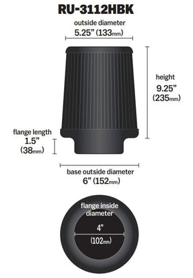 K&N RU-3112HBK side profile displaying 9-inch height and durable shape for performance