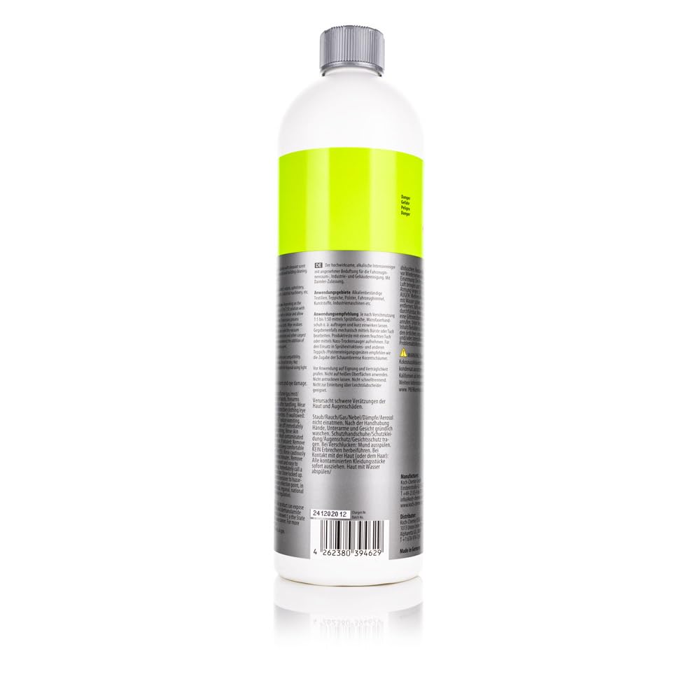 KOCHCHEMIE Mzr applied as foam on car panel demonstrating strong degreasing action and coverage
