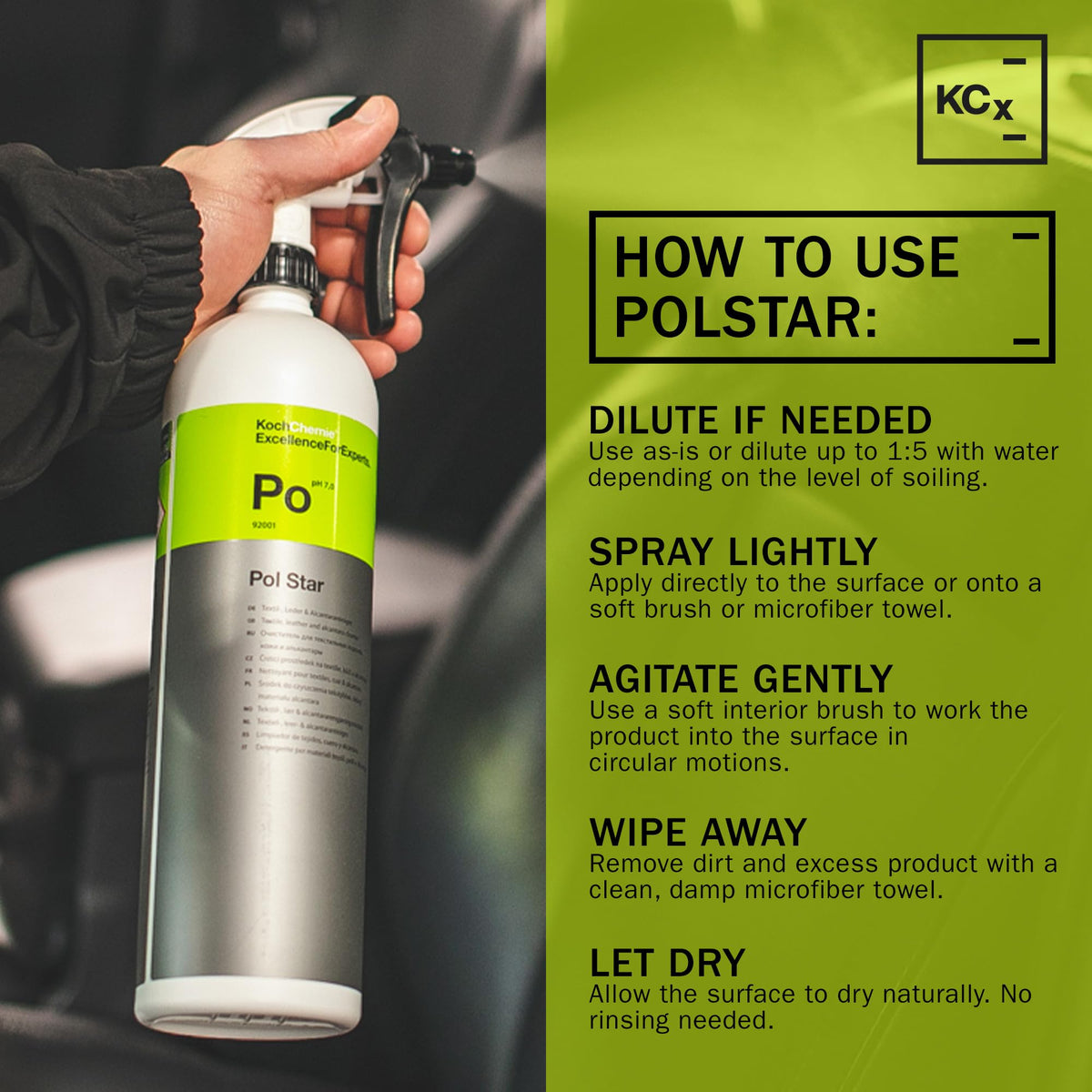 KOCHCHEMIE spray application on fabric illustrating gentle coverage and easy cleaning benefit