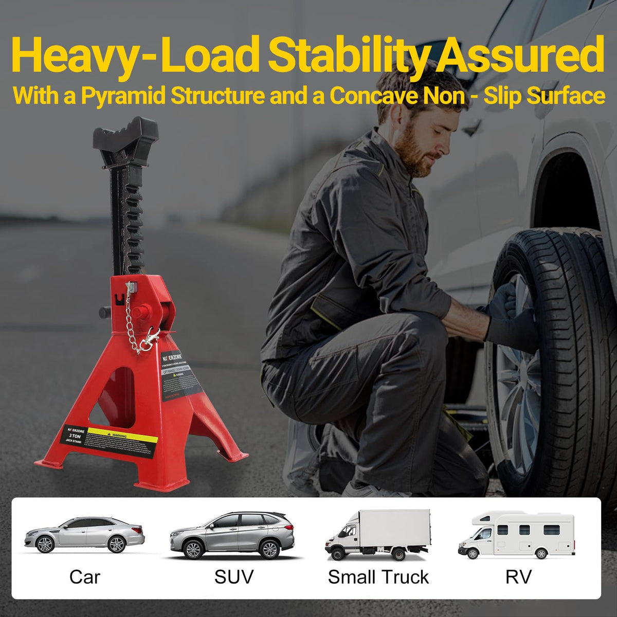 KOERZORE stands in use supporting an SUV for safe under-vehicle access
