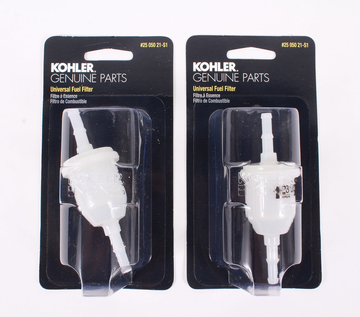 Kohler genuine fuel filter two-pack front view showing packaging and parts benefit convenience