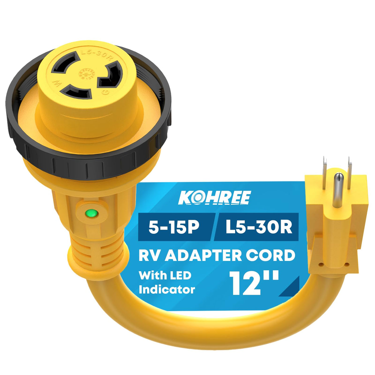Kohree front view of 30A to 15A RV adapter showing robust housing and compact profile