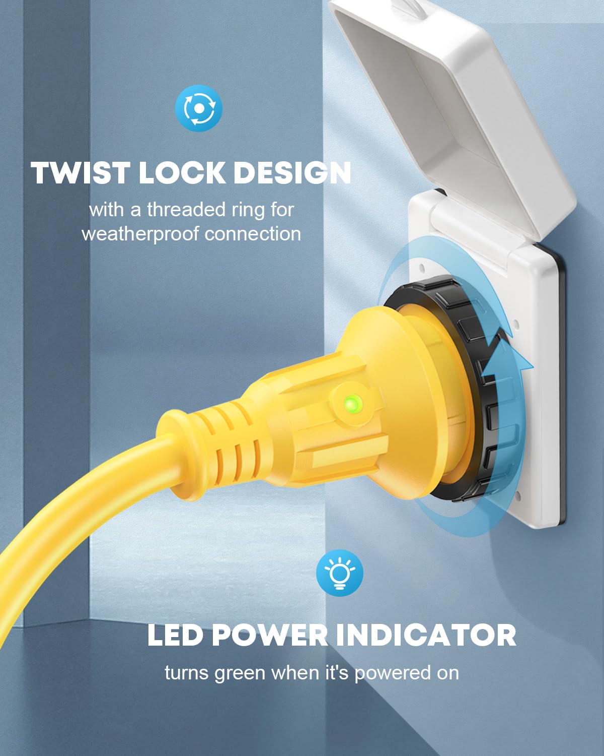 Kohree illuminated LED indicator on adapter confirming shore power presence quickly