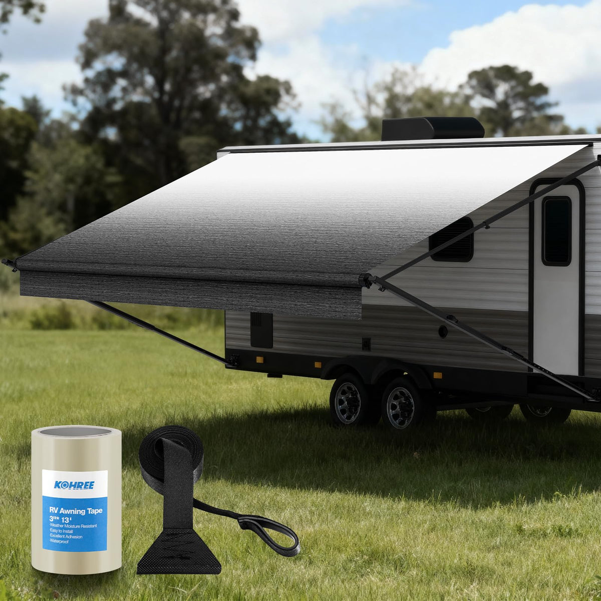Kohree awning front view showing full black fabric and neat edges, provides durable shade