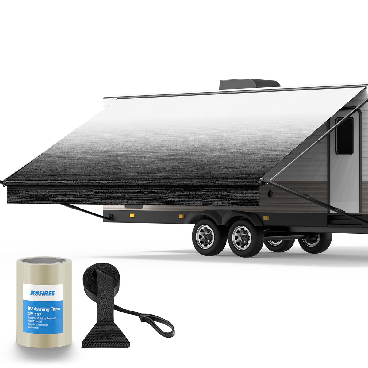 Kohree awning front profile showing full black canopy and clean lines