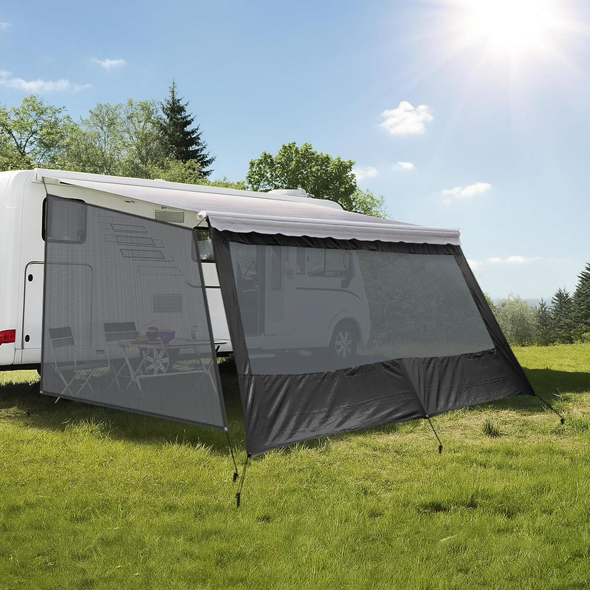 Kohree awning full installed front view showing shaded RV area benefit