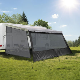 Kohree awning full installed front view showing shaded RV area benefit