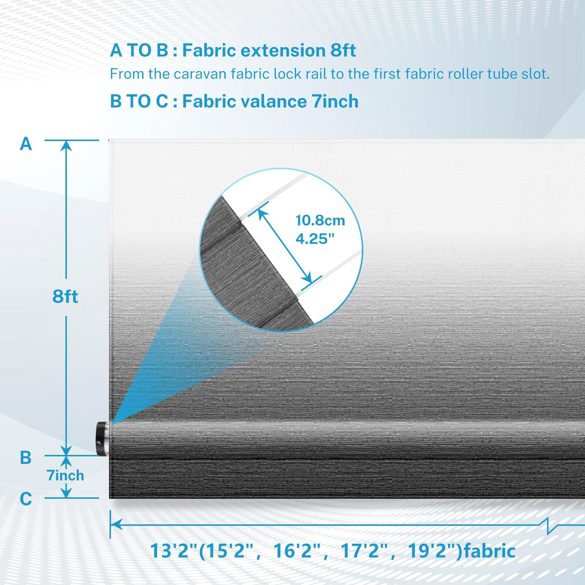 Kohree awning fabric next to ruler for size comparison and accurate measuring