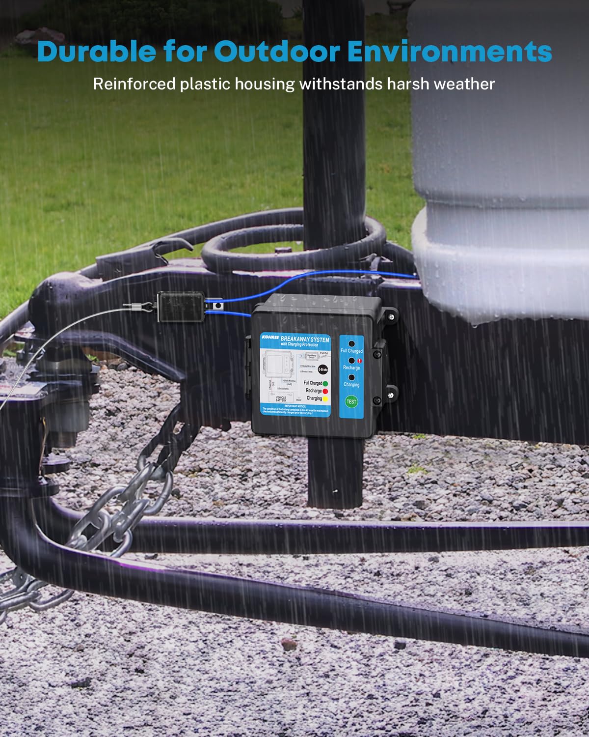 Kohree breakaway kit mounted on a trailer frame demonstrating proper installation and safety use