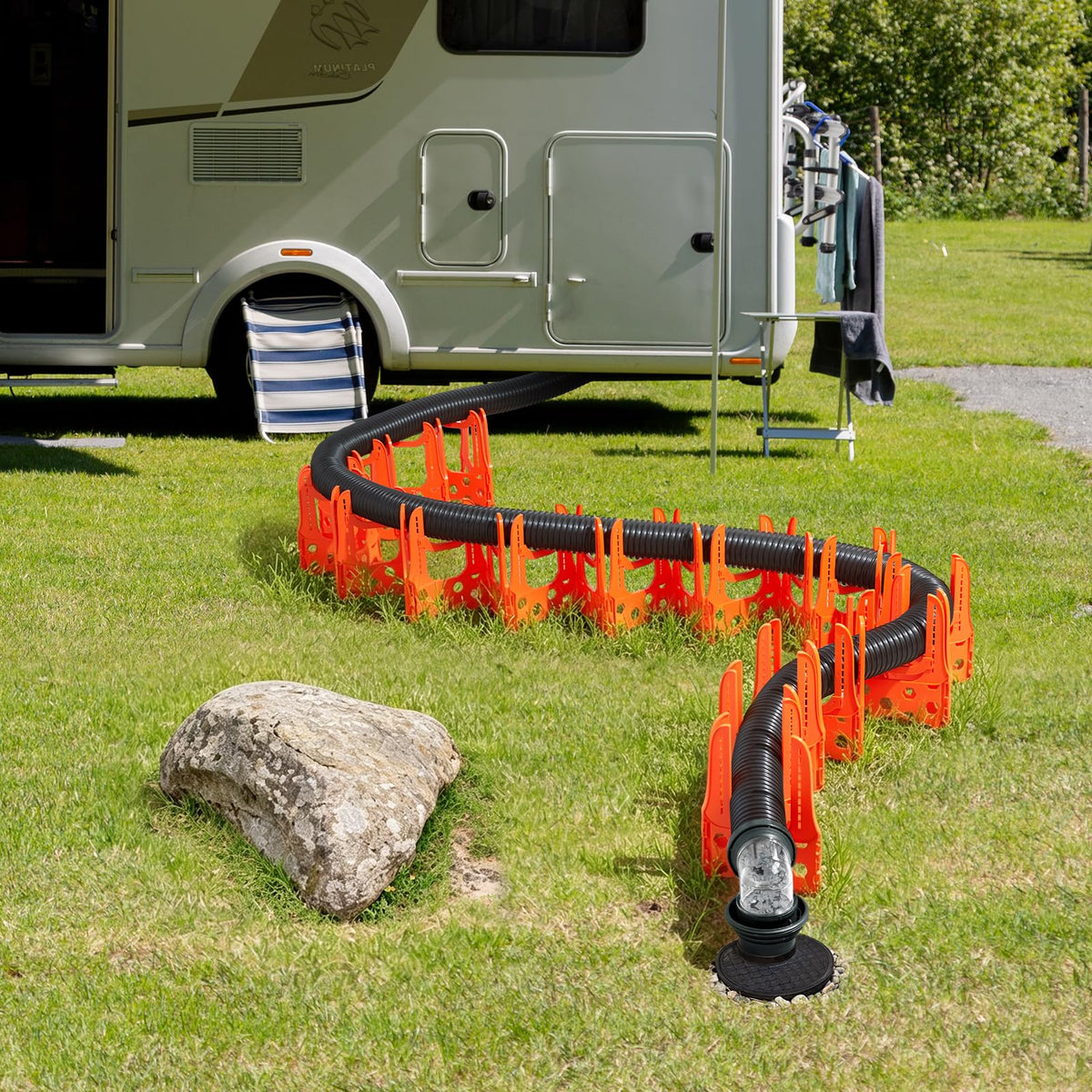Kohree on campsite setup illustrating visible, safe hose routing