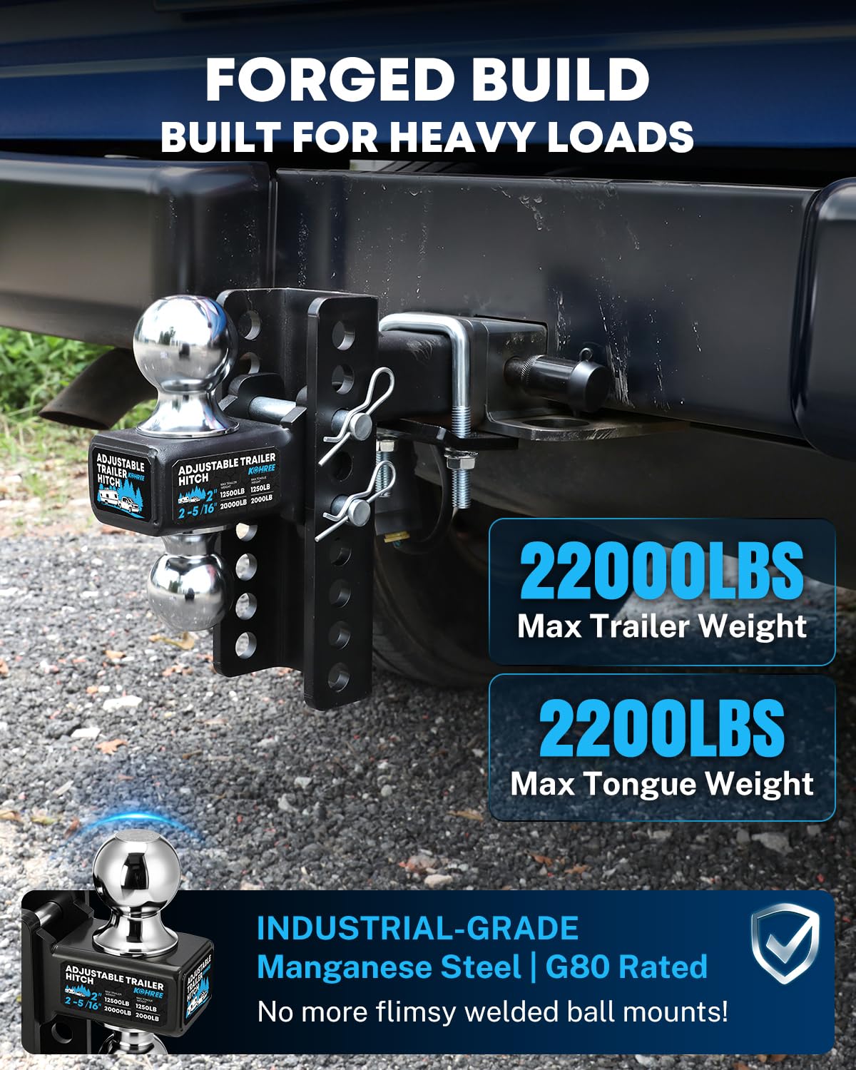 Kohree close-up of 2" and 2-5/16" hitch balls for versatile towing options