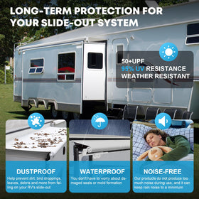 Kohree extended awning in use showing waterproof cover shielding slide-out from debris