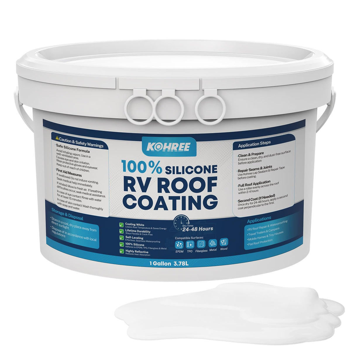 Kohree front can of roof sealant showing product branding and white finish benefit