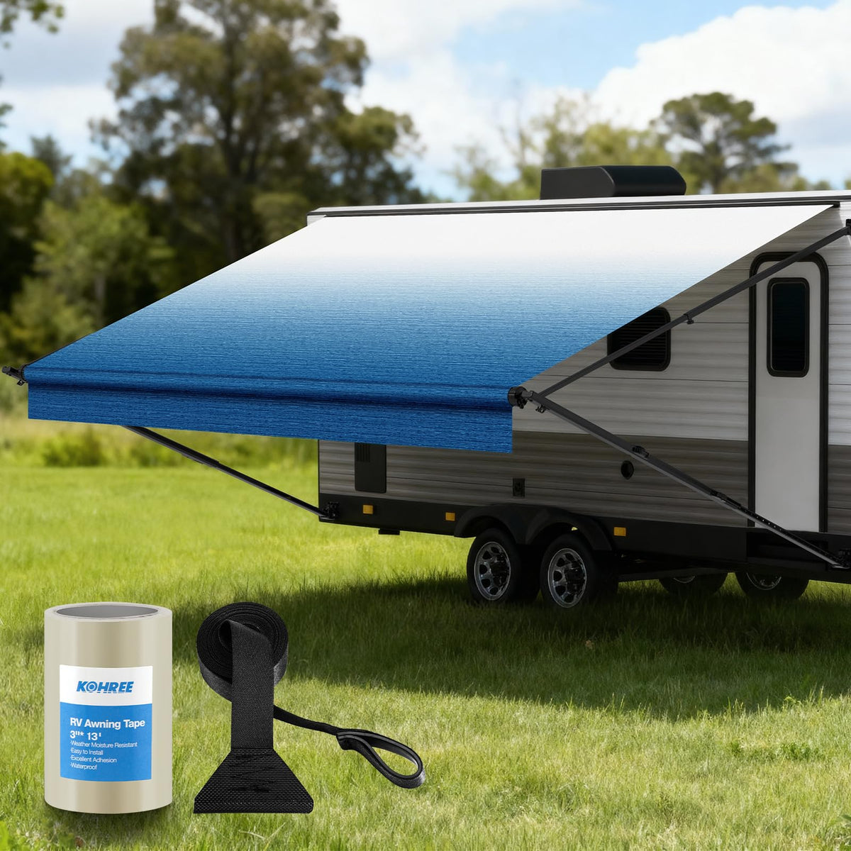 Kohree front view of folded 17'2" fabric showing fresh blue-fade pattern and ready-to-install benefit