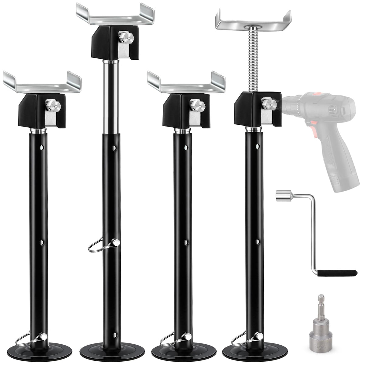 Kohree front view of four assembled jacks showing sturdy steel and compact packaging for quick setup