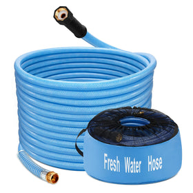 Kohree front view of coiled hose and packaging showing travel-ready design