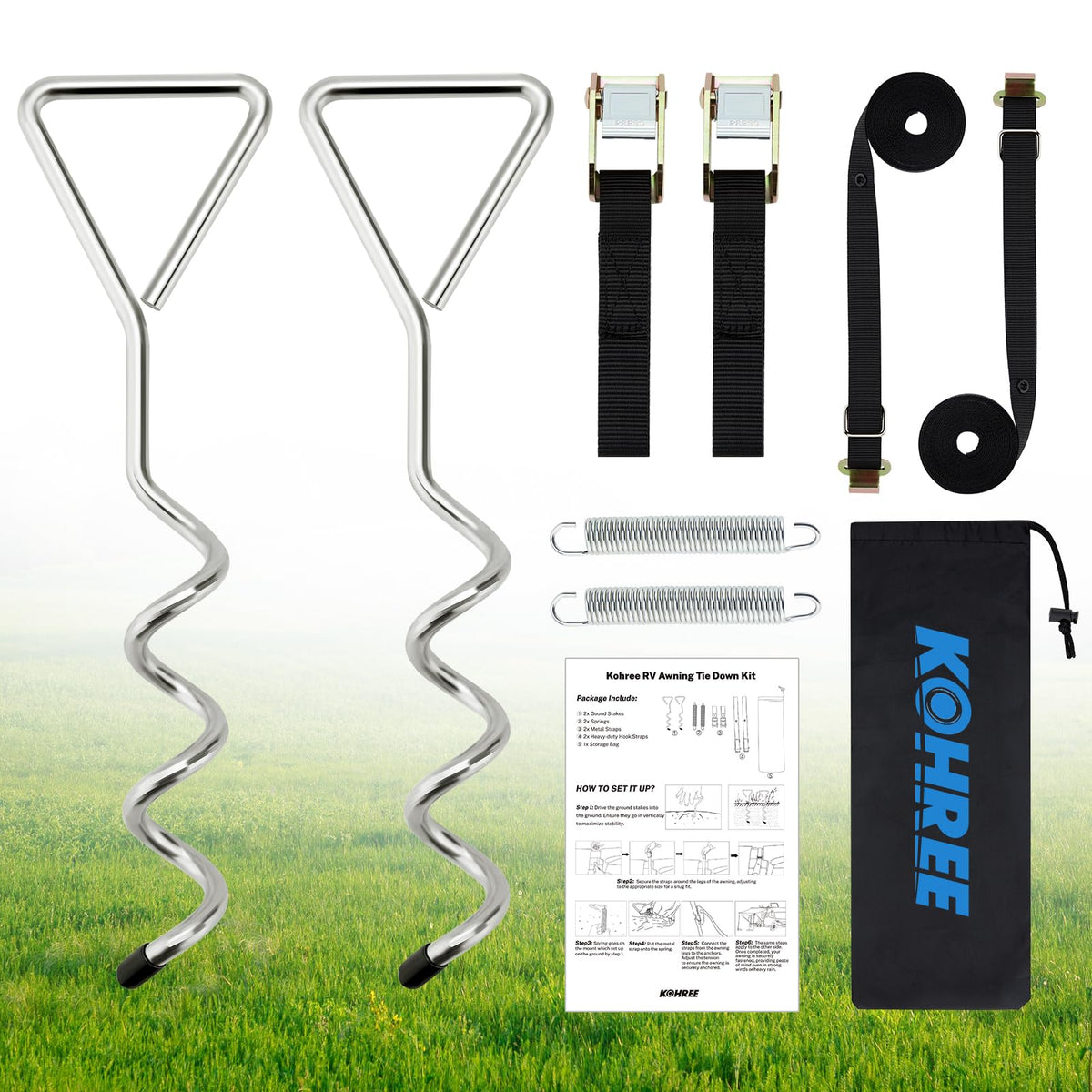 Kohree front packaging showing complete awning tie down kit and benefits