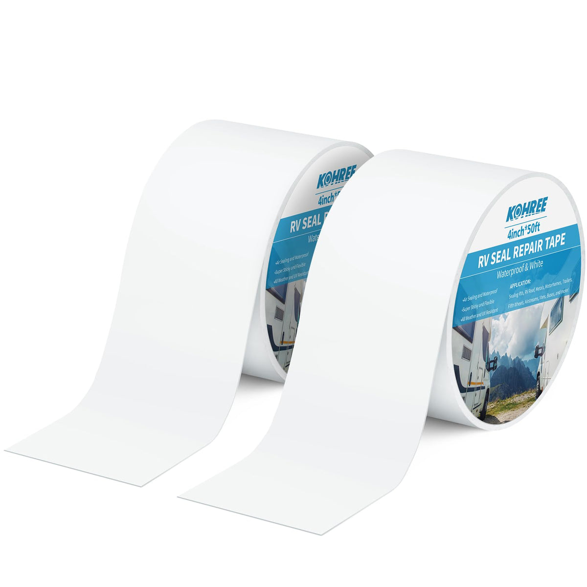 Kohree front packaging showing two white 4x50ft tape rolls and clear product labeling protectively packaged