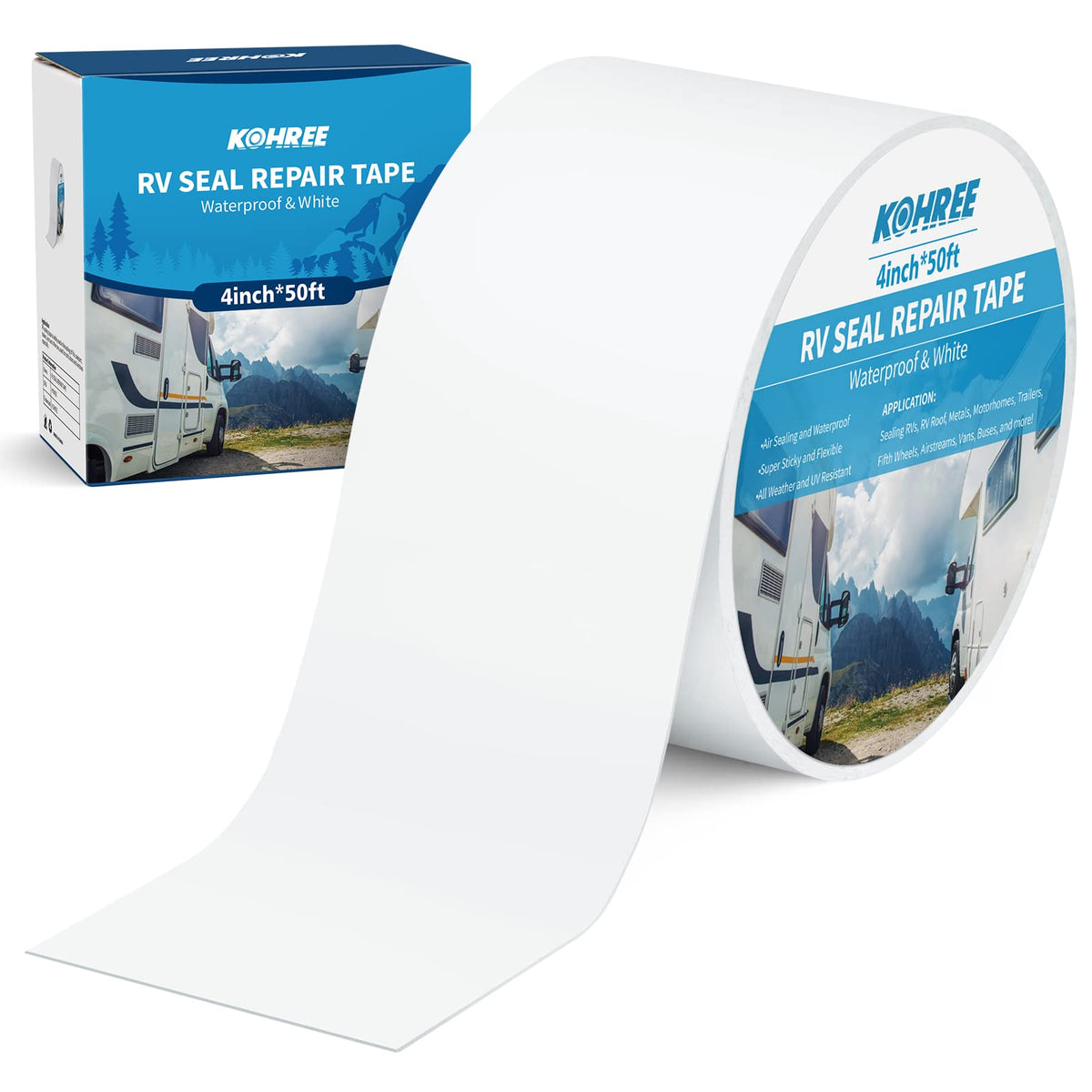 Kohree front packaging showing roll of white 4in x 50ft tape and branding benefit of easy roofing repair