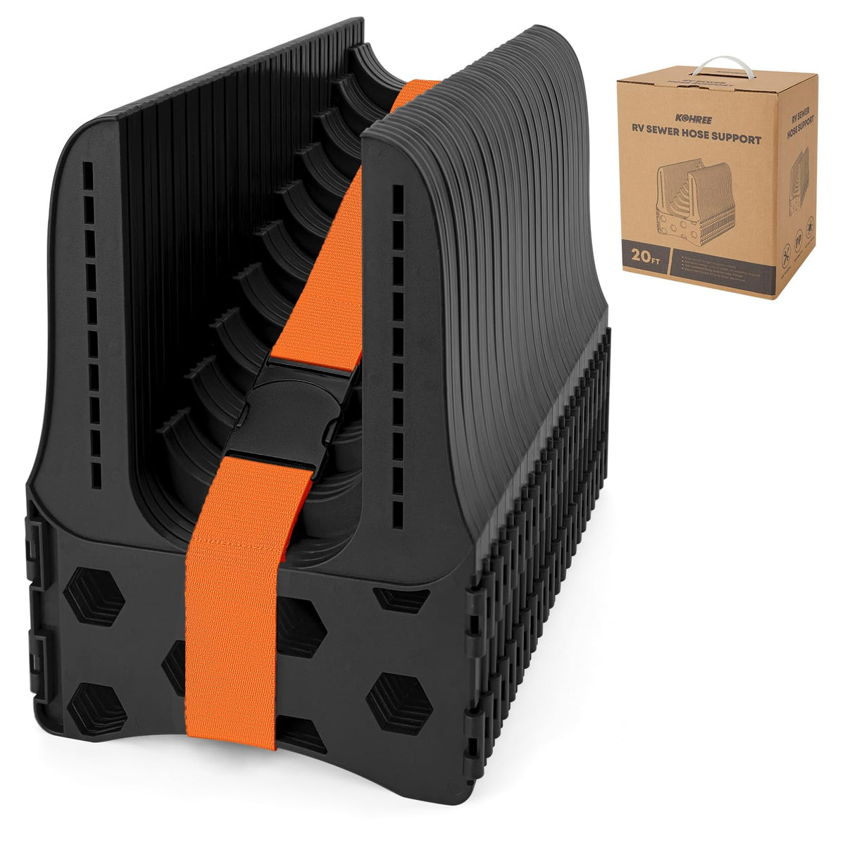 Kohree front view of sewer hose support showing compact design and easy use