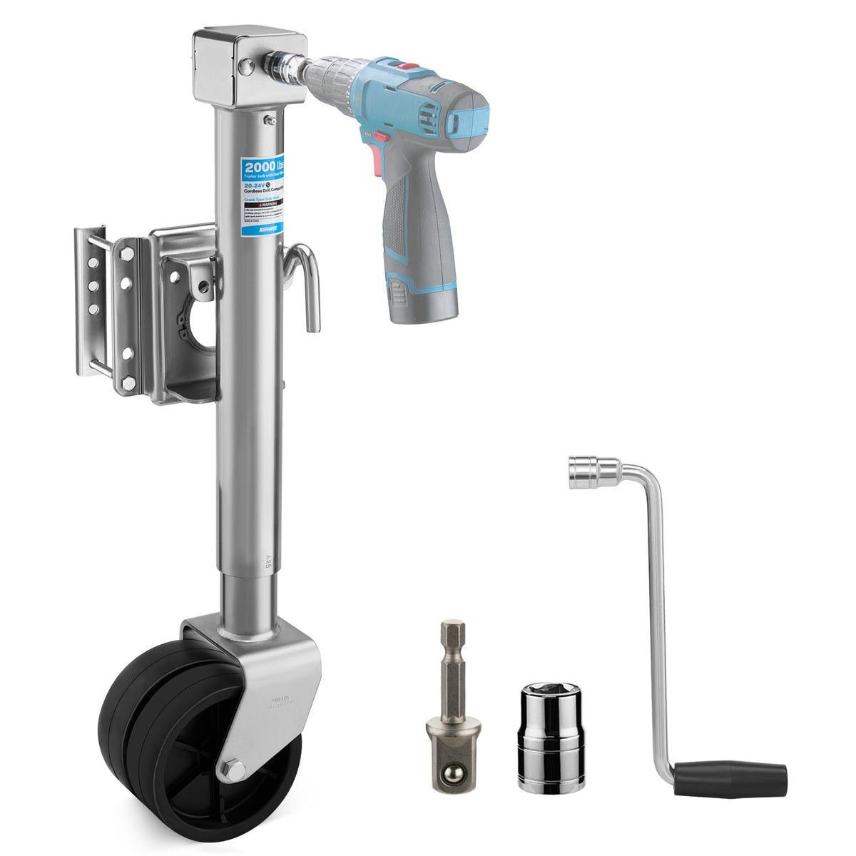 Kohree trailer jack front view showing bolt-on design and dual wheels for strong support
