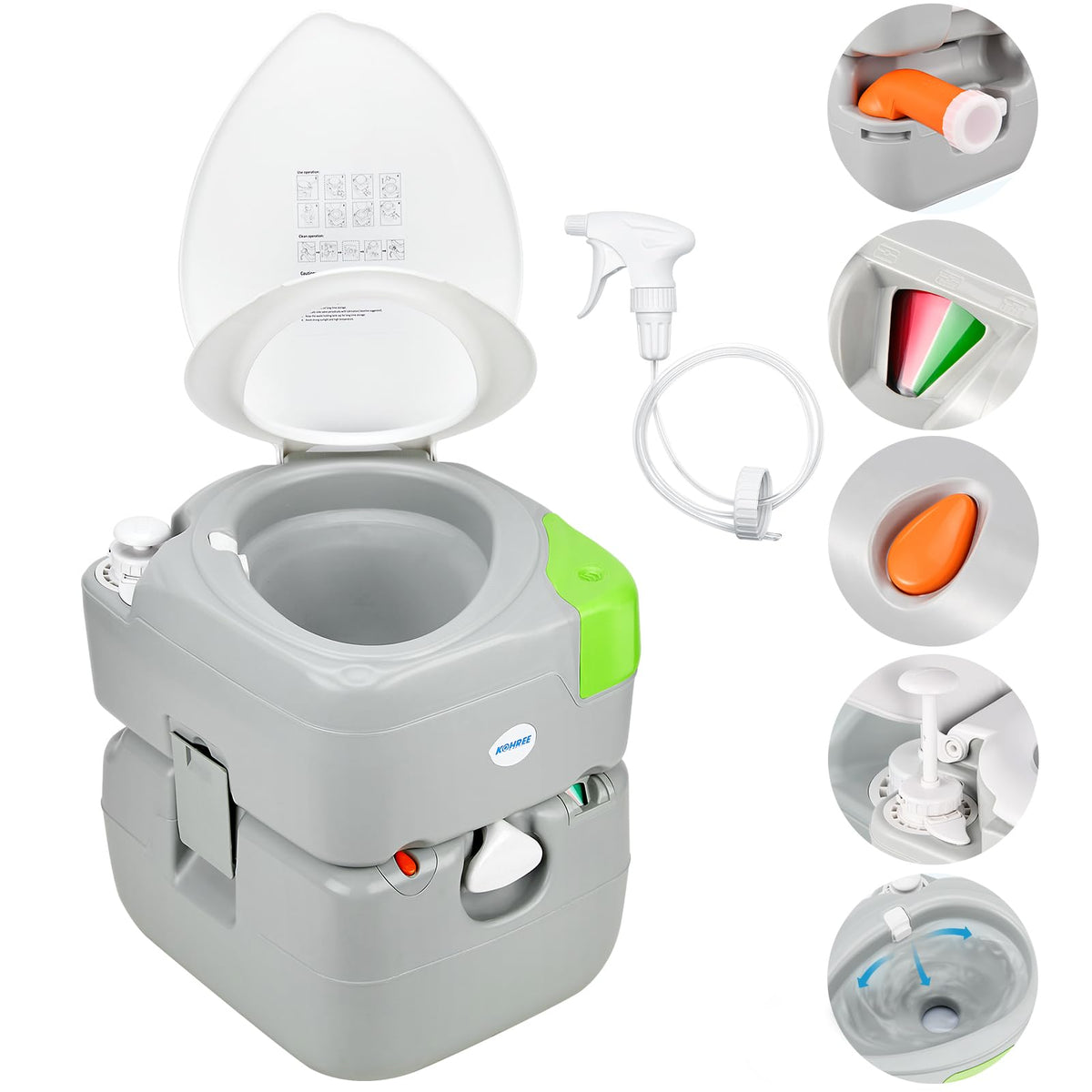 Kohree front view showing compact portable toilet and benefits of space saving