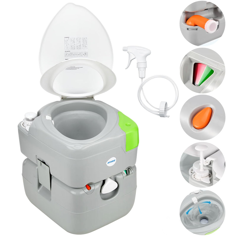 Kohree front view showing compact portable toilet and benefits of space saving