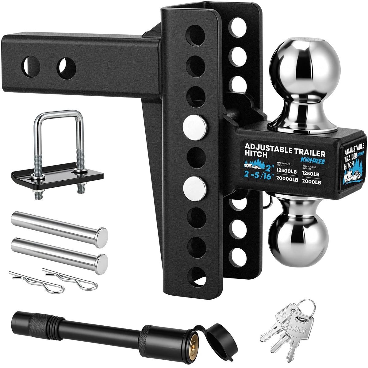 Kohree front profile of adjustable hitch showing solid build and easy setup benefit