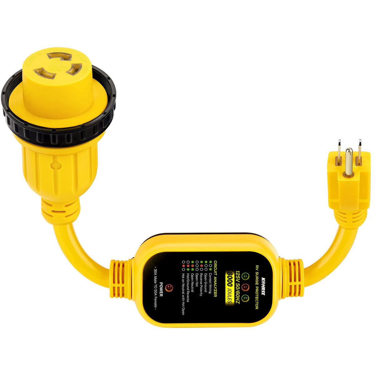 Kohree adapter front view showing 30A twist-lock receptacle and sturdy housing for safe connection