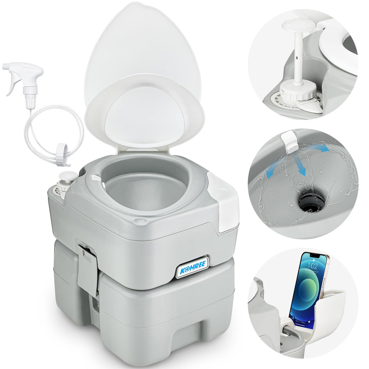 Kohree front view assembled porta potty showing compact, comfortable design