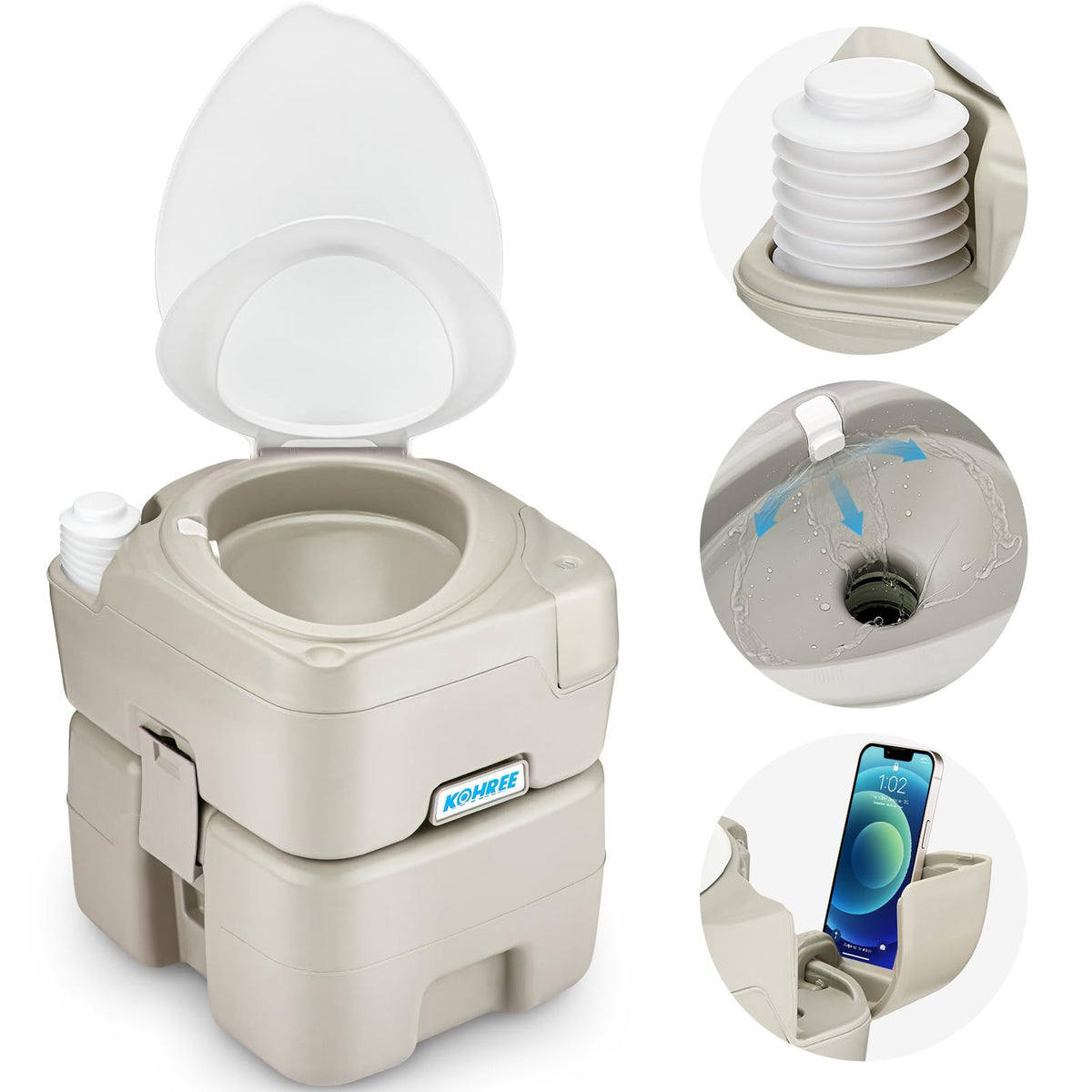 Kohree front view of cassette toilet showing compact, sturdy design and portability