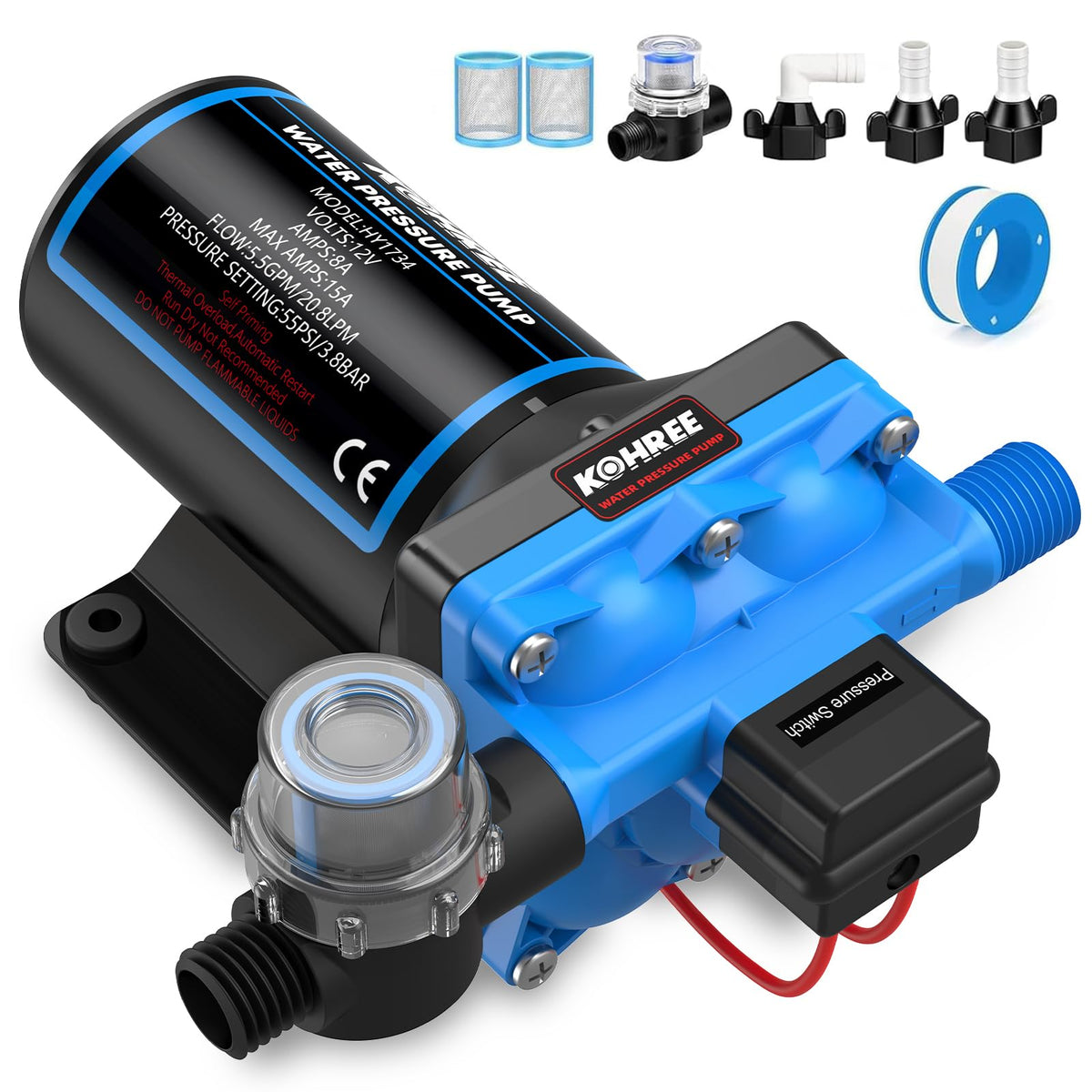 Kohree front view of compact 12V pump showing durable housing and connectors benefit: space-saving installation