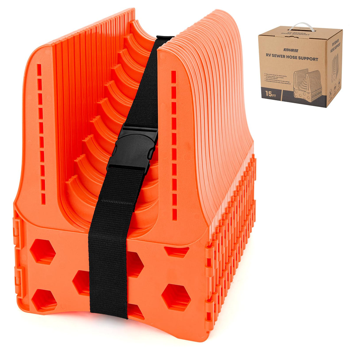 Kohree front view of orange sewer hose support showing full length and shape, easy setup benefit