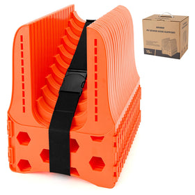 Kohree front view of orange sewer hose support showing full length and shape, easy setup benefit