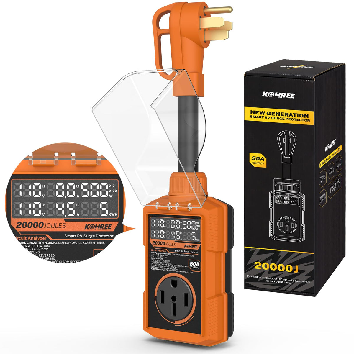 Kohree front view of surge protector showing robust housing and connectors, enhances safety