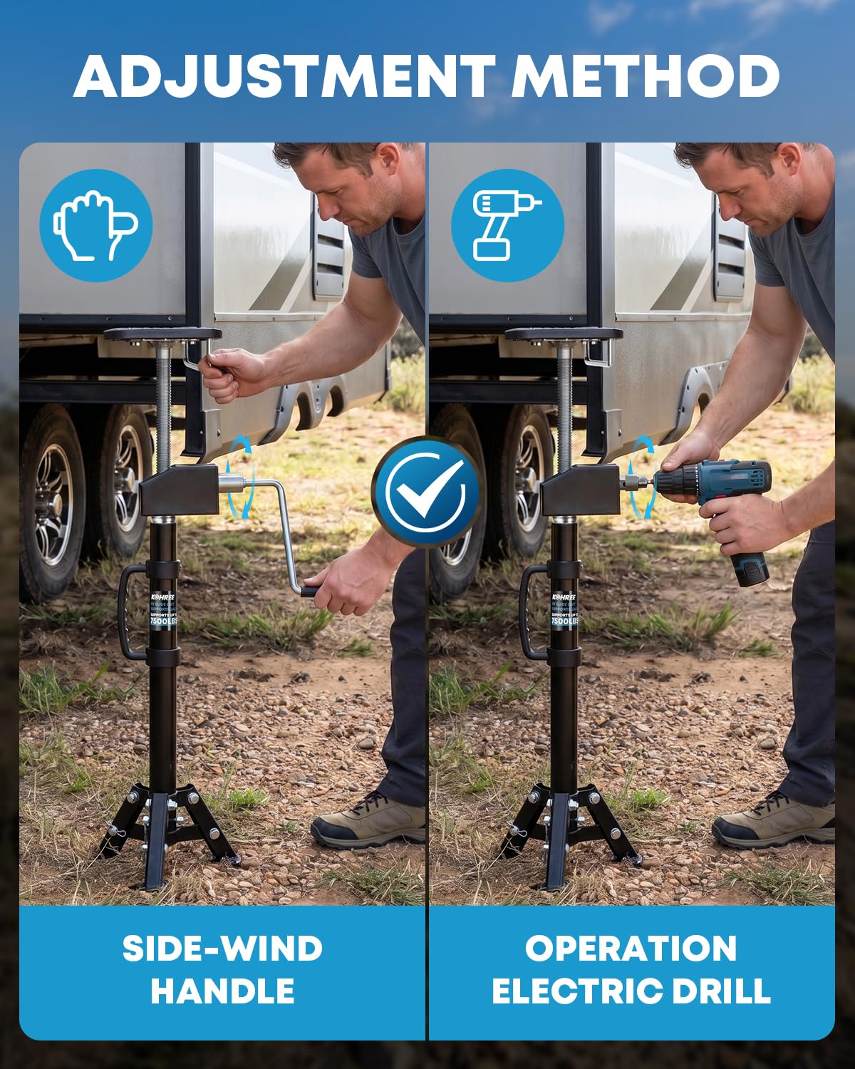 Kohree jack with visible adjustment markings showing 20" to 49" height range for correct fit